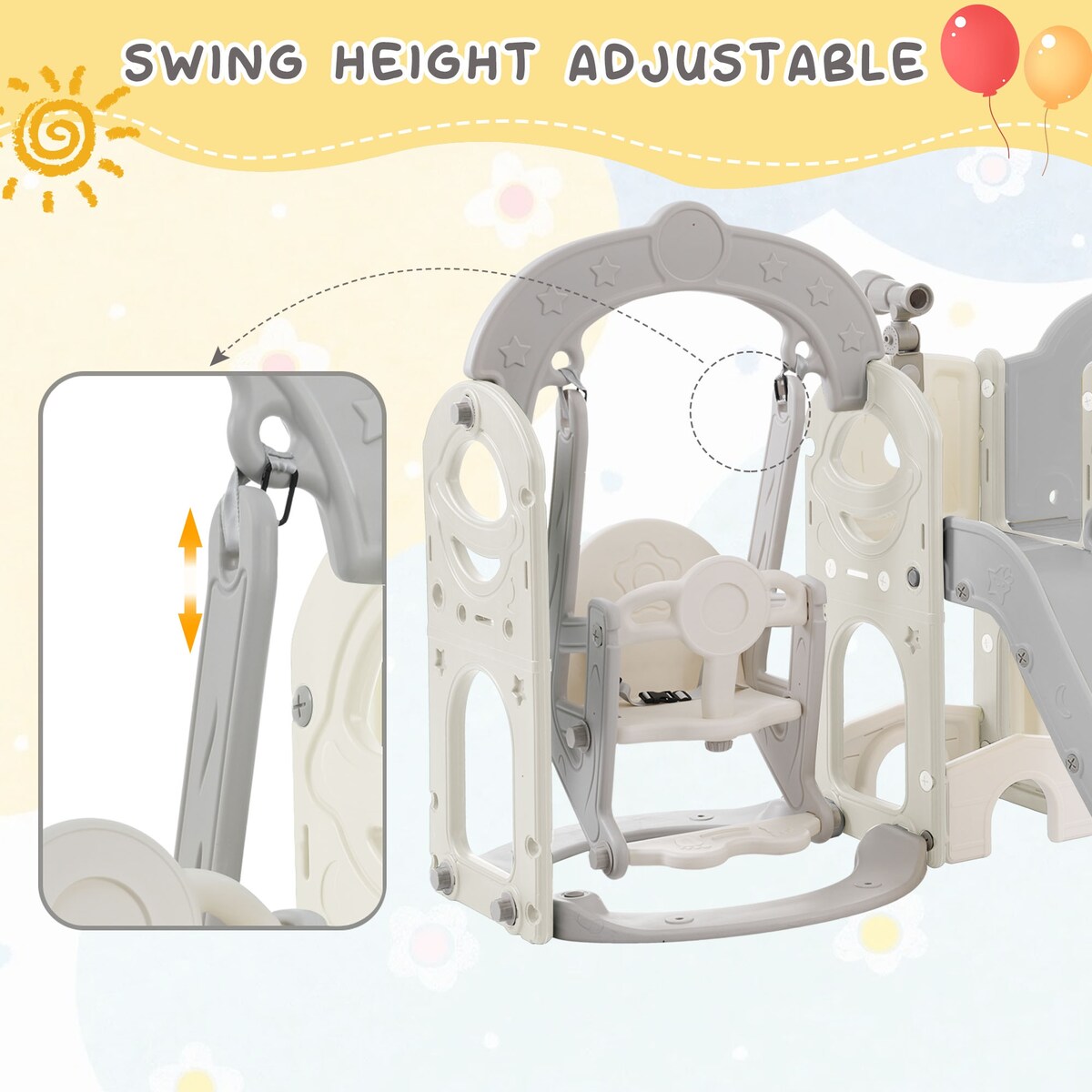 Slide and Swing Set 7 in 1, Kids Playground Climber Slide Playset with Basketball Hoop Freestanding Combination for Babies