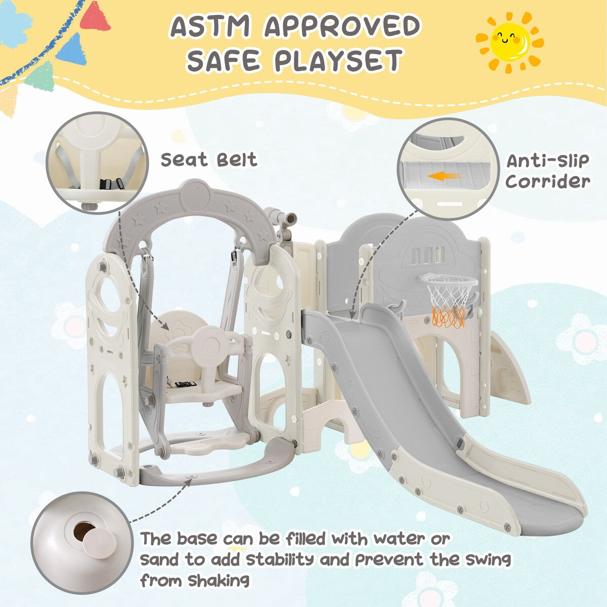 Slide and Swing Set 7 in 1, Kids Playground Climber Slide Playset with Basketball Hoop Freestanding Combination for Babies