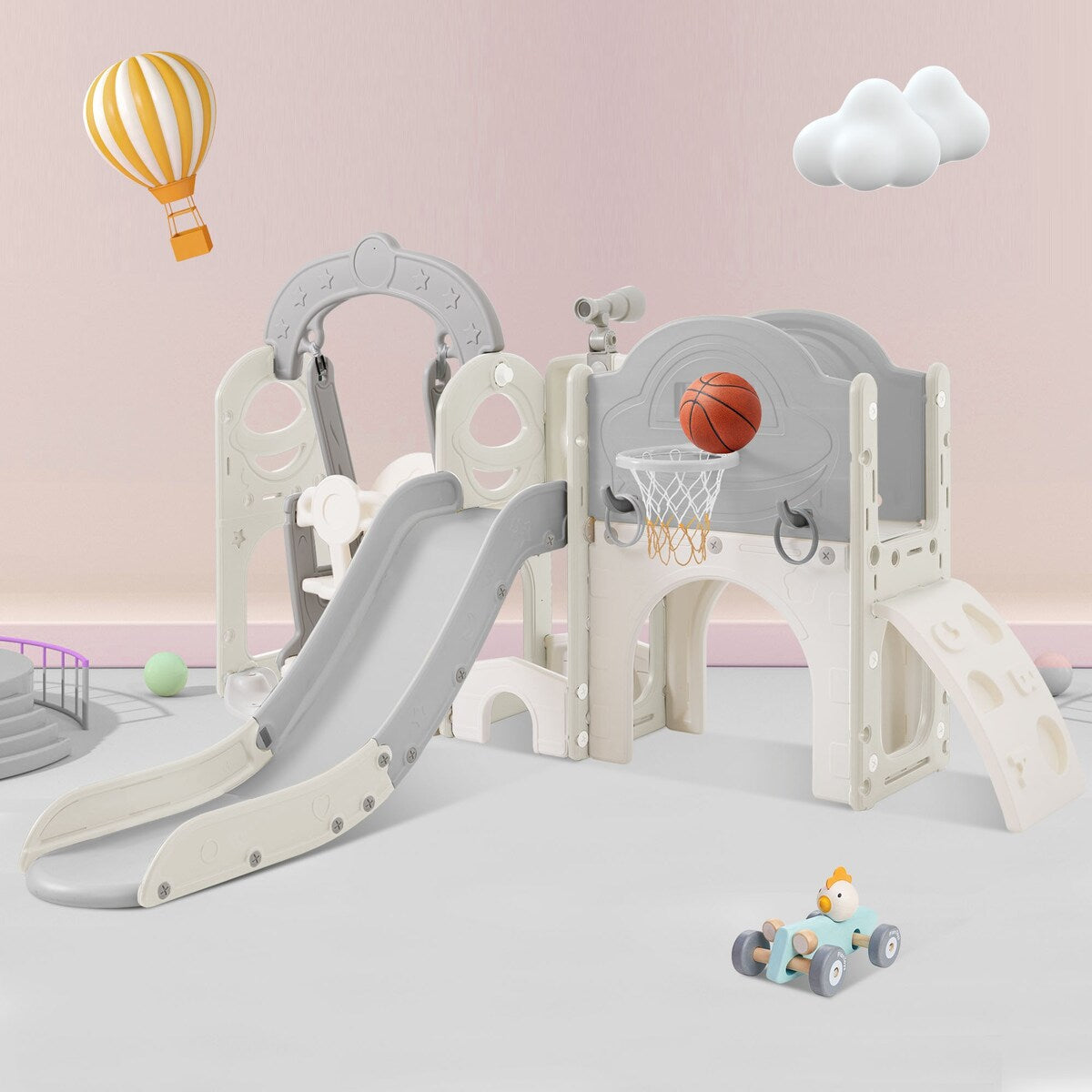 Slide and Swing Set 7 in 1, Kids Playground Climber Slide Playset with Basketball Hoop Freestanding Combination for Babies