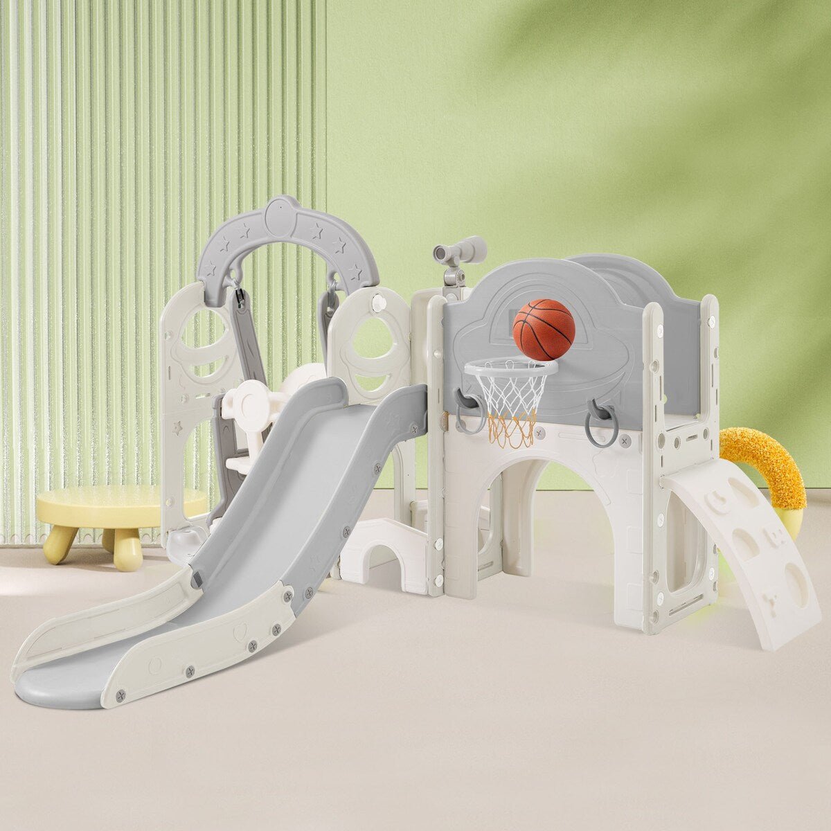Slide and Swing Set 7 in 1, Kids Playground Climber Slide Playset with Basketball Hoop Freestanding Combination for Babies