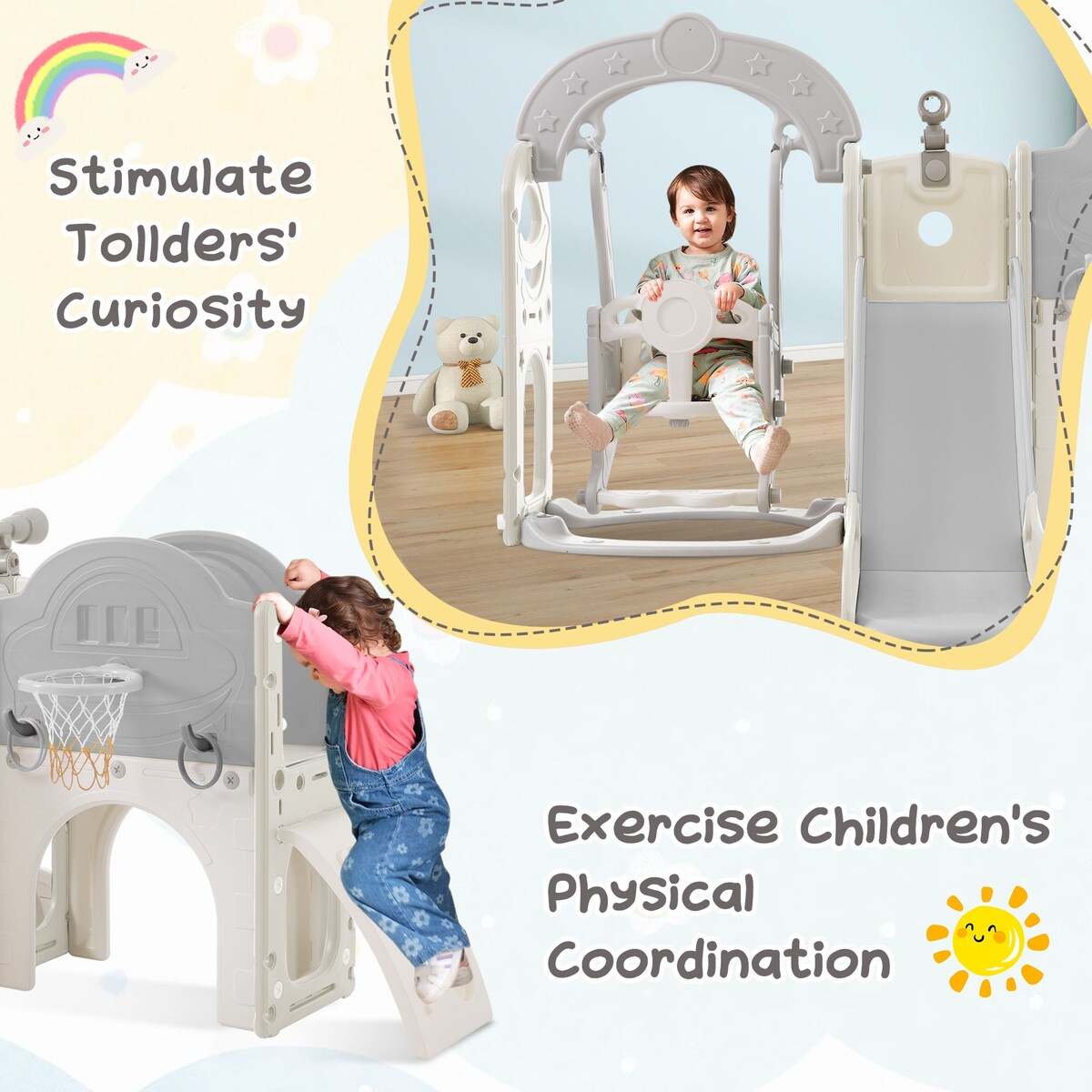 Slide and Swing Set 7 in 1, Kids Playground Climber Slide Playset with Basketball Hoop Freestanding Combination for Babies