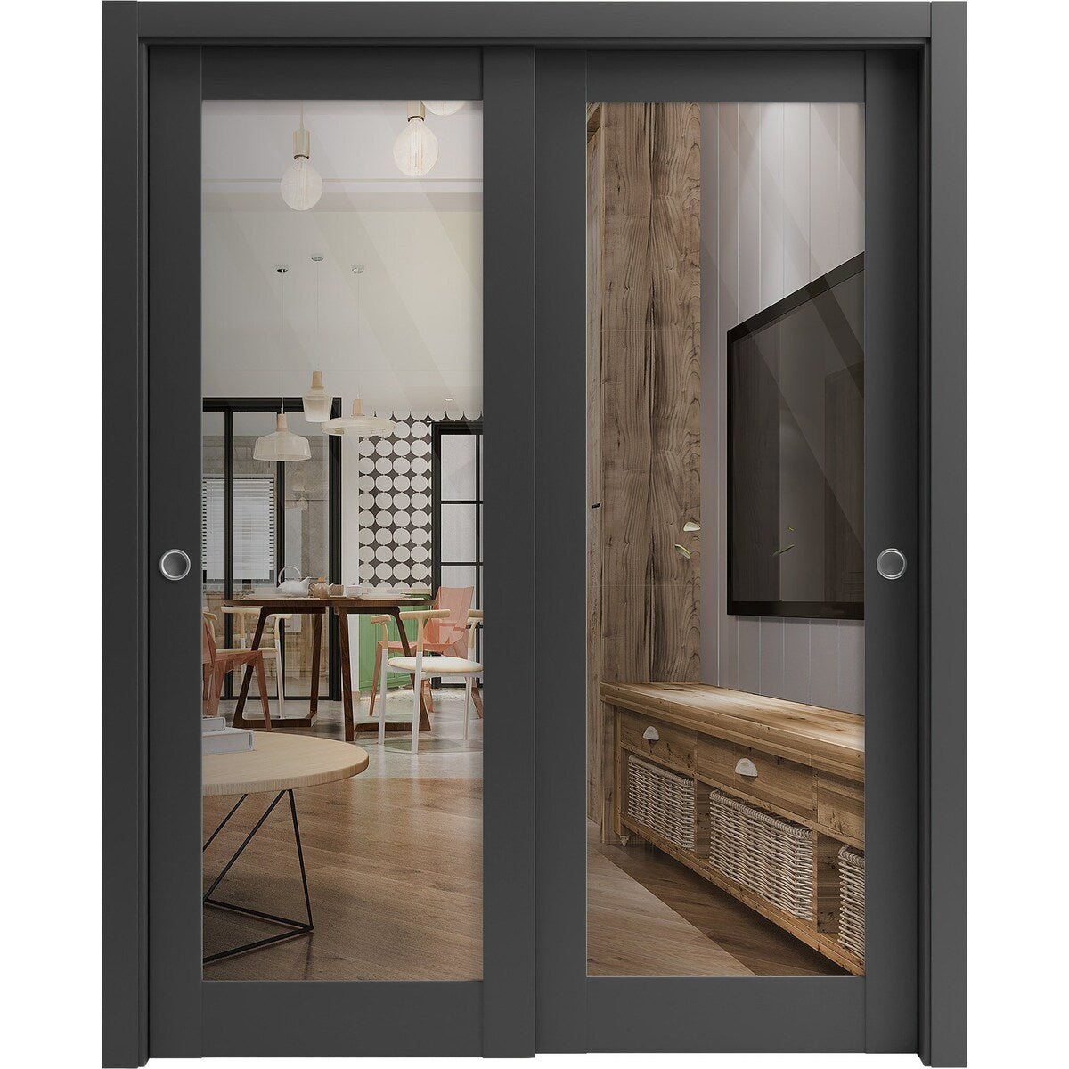 Sliding Closet Bypass Doors 36 x 80 inches | Lucia 2166 Matte Black Clear Glass