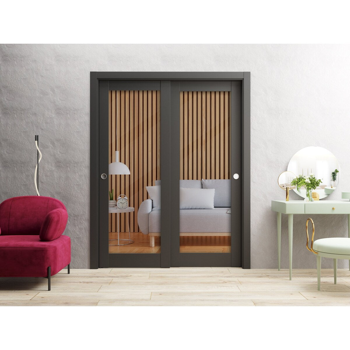 Sliding Closet Bypass Doors 36 x 80 inches | Lucia 2166 Matte Black Clear Glass