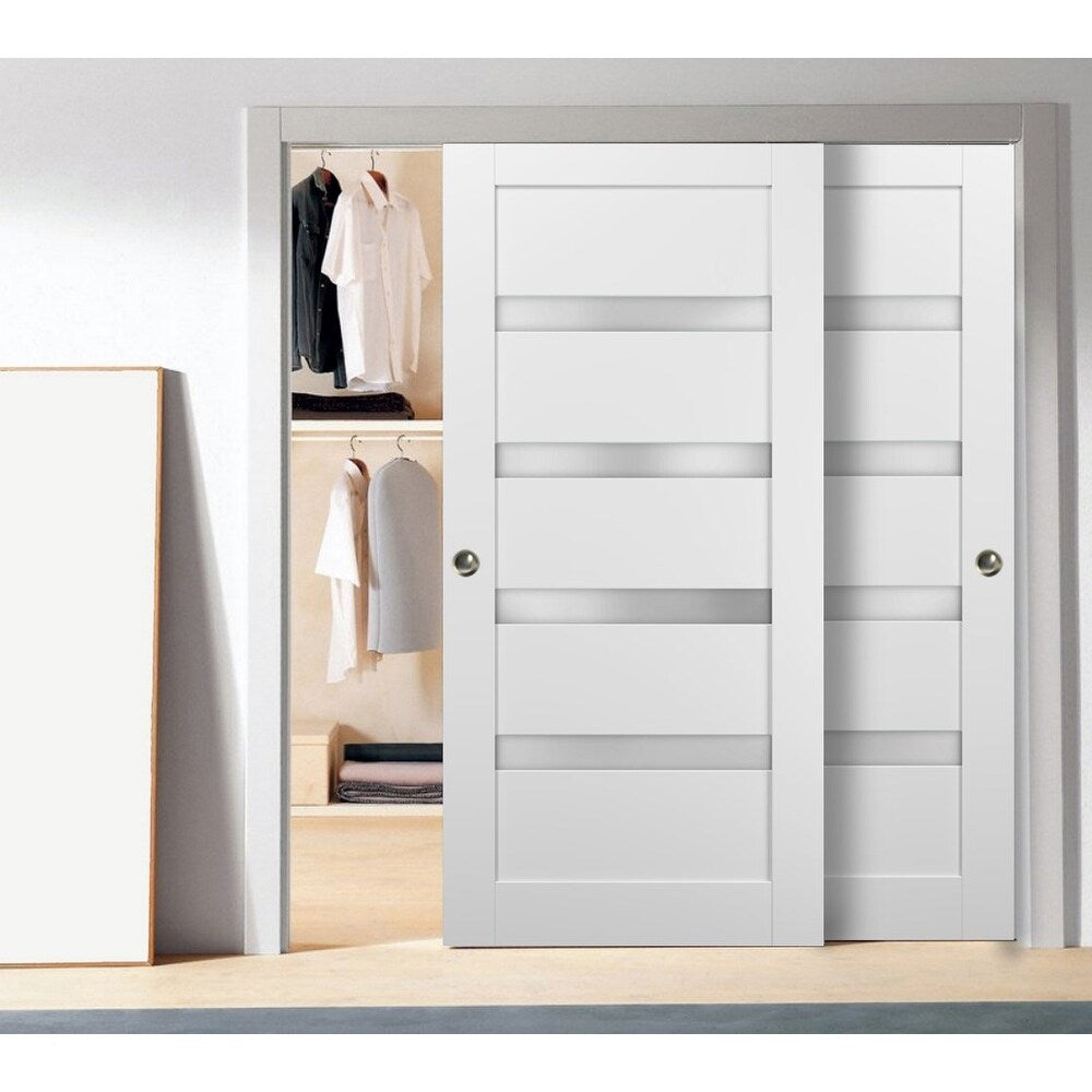 Sliding Closet Bypass Doors hardware / Quadro 4113 White Silk Frosted Opaque Glass