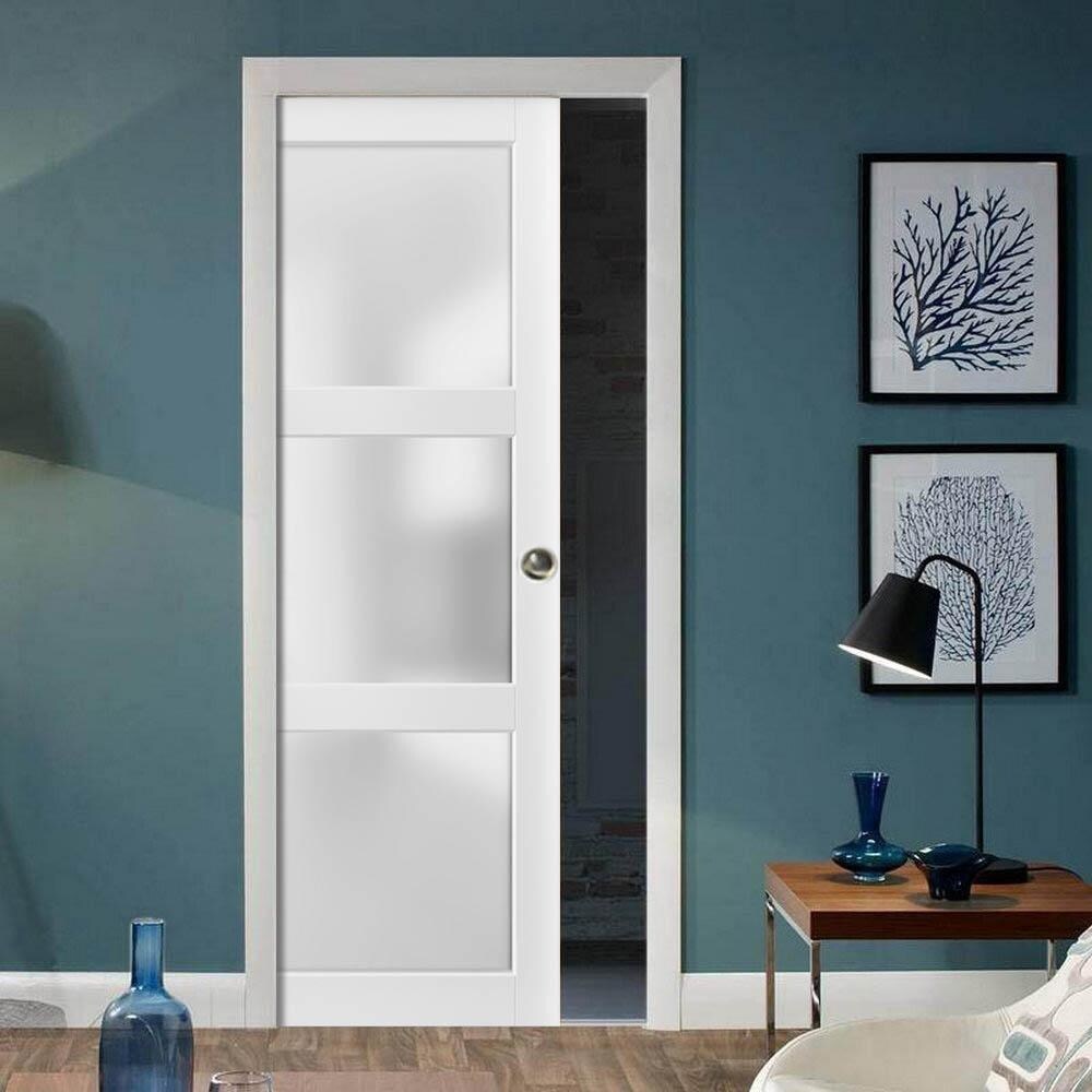 Sliding French Pocket Door Frosted Glass 3 Lites / Lucia 2552 White