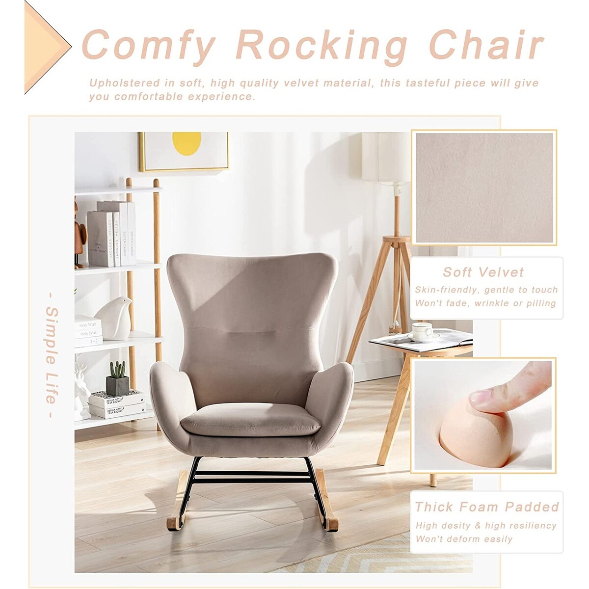 Small Rocking Accent Chair, Uplostered Glider Rocker Armchair