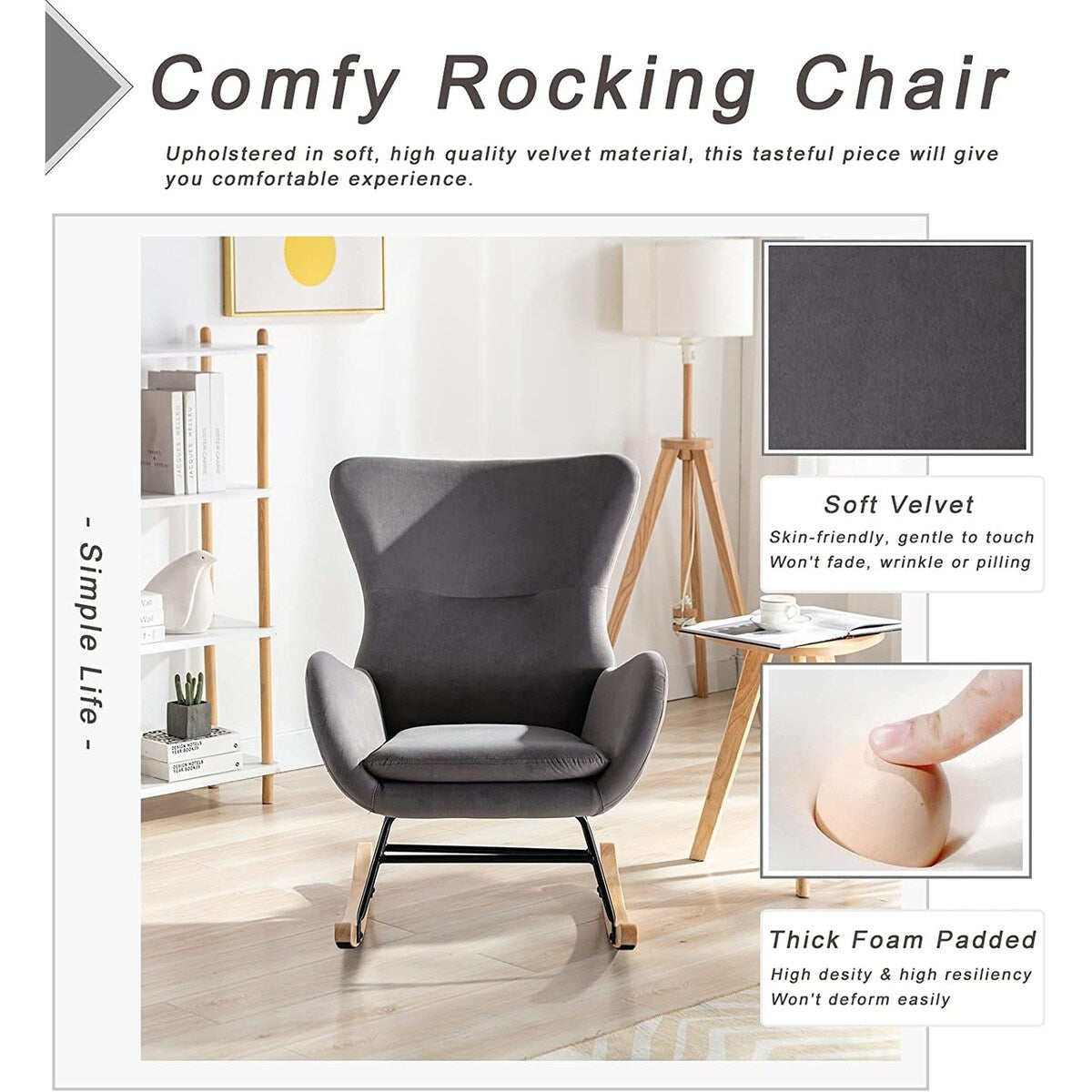 Small Rocking Accent Chair, Uplostered Glider Rocker Armchair