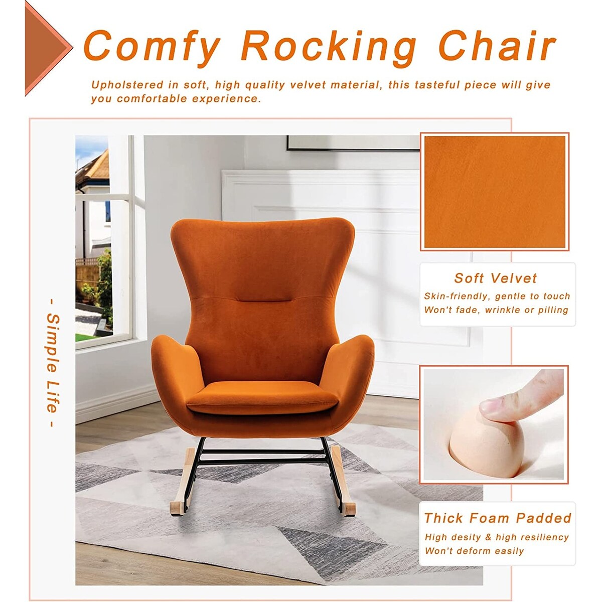 Small Rocking Accent Chair, Uplostered Glider Rocker Armchair