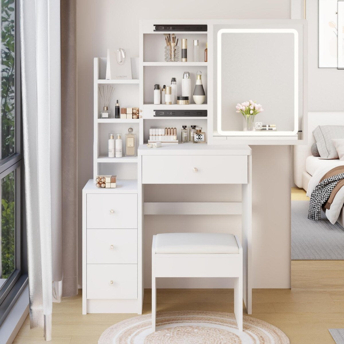 Small Size Left Bedside Cabinet Vanity Table + Cushioned Stool
