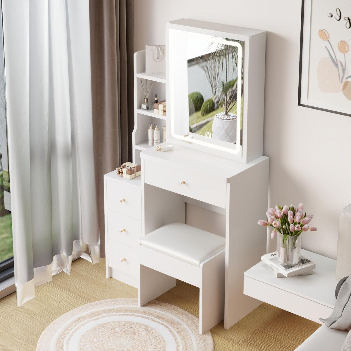 Small Size Left Bedside Cabinet Vanity Table + Cushioned Stool