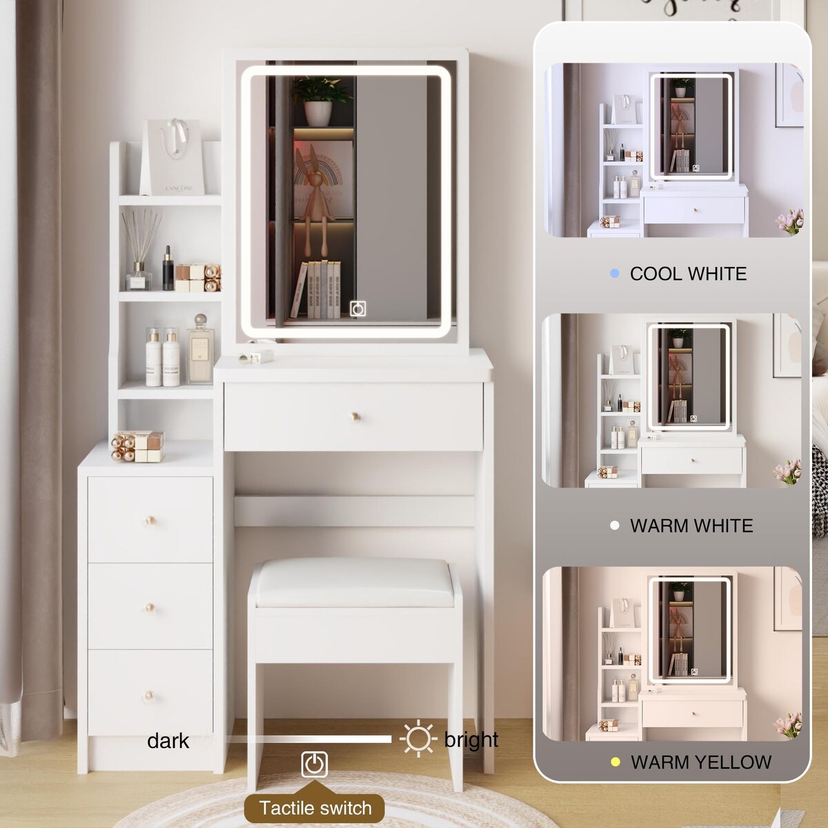 Small Size Left Bedside Cabinet Vanity Table + Cushioned Stool