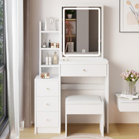 Small Size Left Bedside Cabinet Vanity Table + Cushioned Stool
