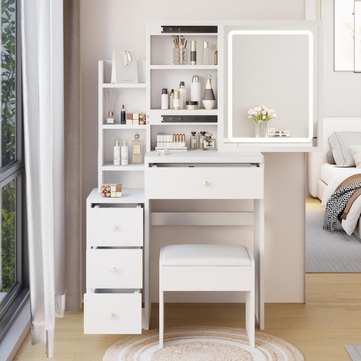 Small Size Left Bedside Cabinet Vanity Table + Cushioned Stool