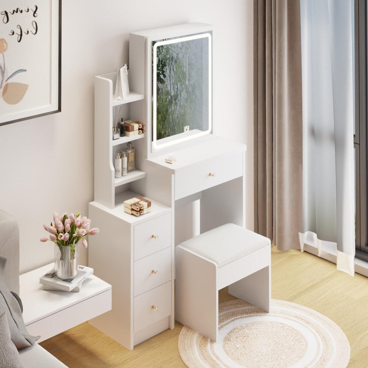 Small Size Left Bedside Cabinet Vanity Table + Cushioned Stool