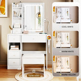 Small Space Left Drawer Desktop Vanity Table + Cushioned Stool, 2 AC+2 USB Power Station
