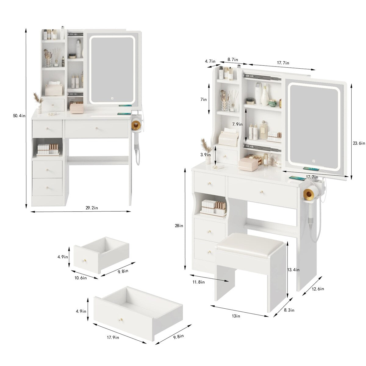 Small Space Left Drawer Desktop Vanity Table + Cushioned Stool, 2 AC+2 USB Power Station