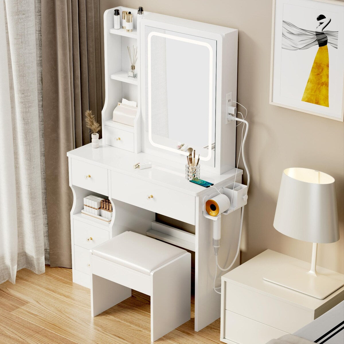 Small Space Left Drawer Desktop Vanity Table + Cushioned Stool, 2 AC+2 USB Power Station