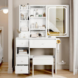 Small Space Left Drawer Desktop Vanity Table + Cushioned Stool, 2 AC+2 USB Power Station