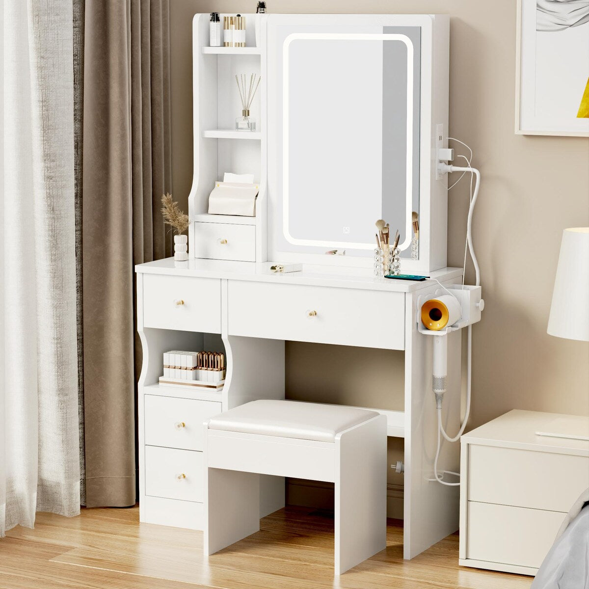 Small Space Left Drawer Desktop Vanity Table + Cushioned Stool, 2 AC+2 USB Power Station