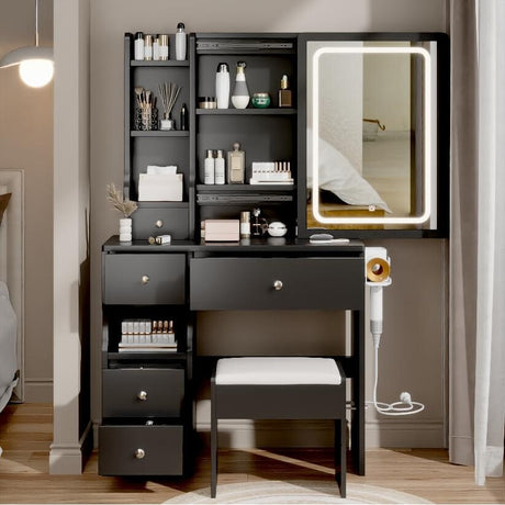 Small Space Left Drawer Desktop Vanity Table + Cushioned Stool, 2 AC+2 USB Power Station