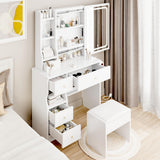 Small Space Left Drawer Desktop Vanity Table + Cushioned Stool, 2 AC+2 USB Power Station