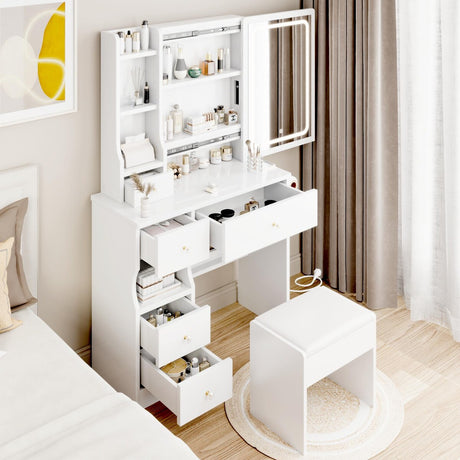 Small Space Left Drawer Desktop Vanity Table + Cushioned Stool, 2 AC+2 USB Power Station