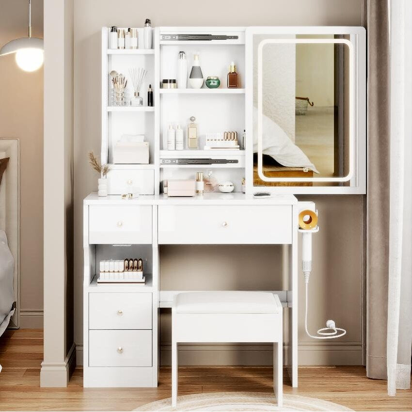 Small Space Left Drawer Desktop Vanity Table + Cushioned Stool, 2 AC+2 USB Power Station