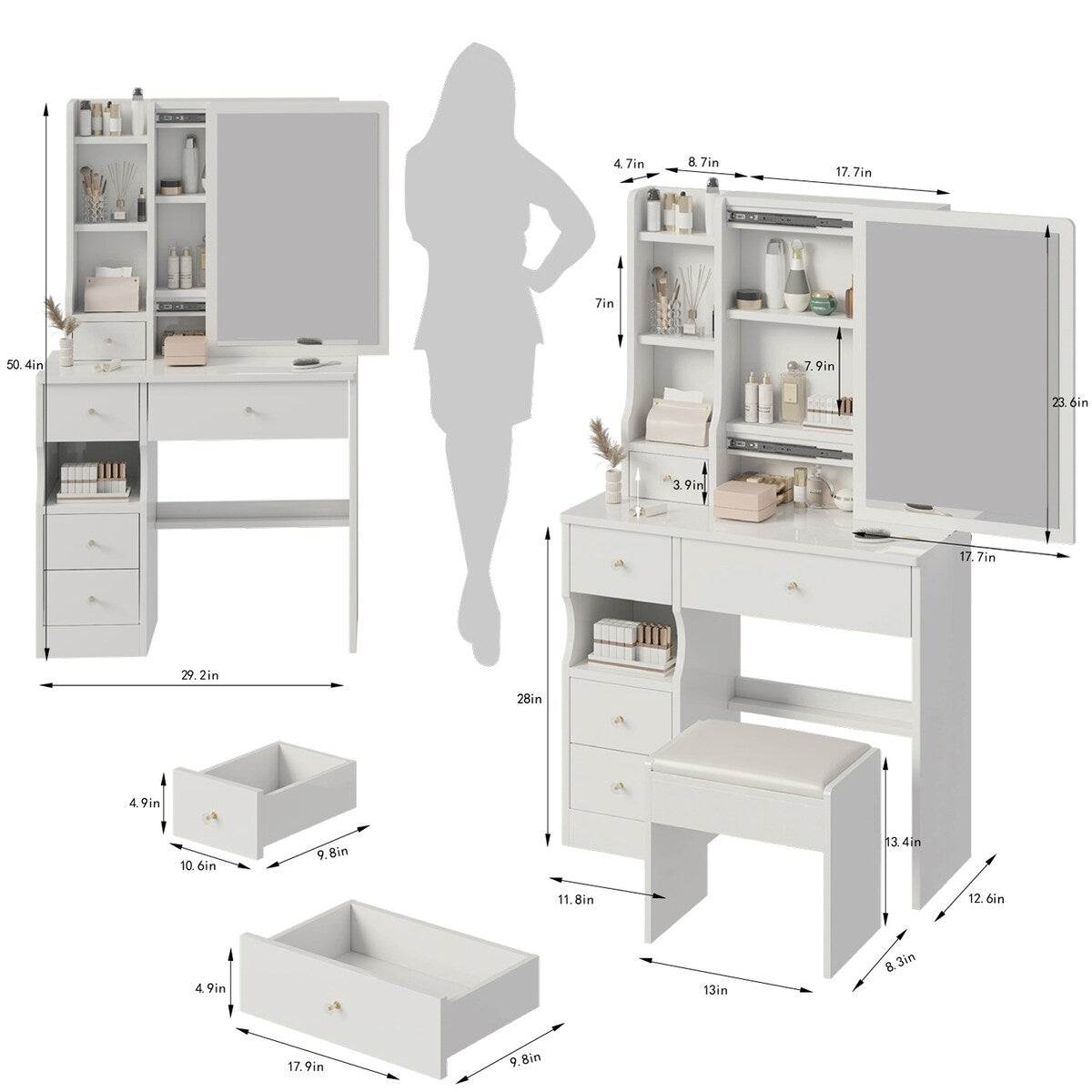 Small Space Left Drawer Desktop Vanity Table + Cushioned Stool, Extra Large Right sliding mirror