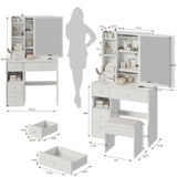 Small Space Left Drawer Desktop Vanity Table + Cushioned Stool, Extra Large Right sliding mirror