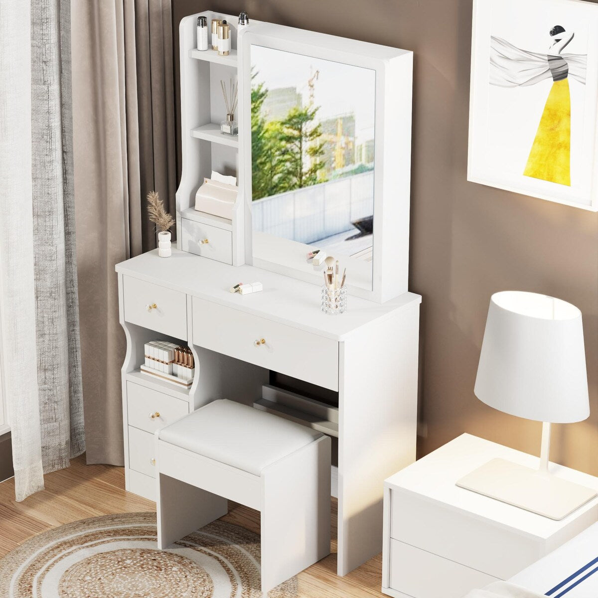 Small Space Left Drawer Desktop Vanity Table + Cushioned Stool, Extra Large Right sliding mirror