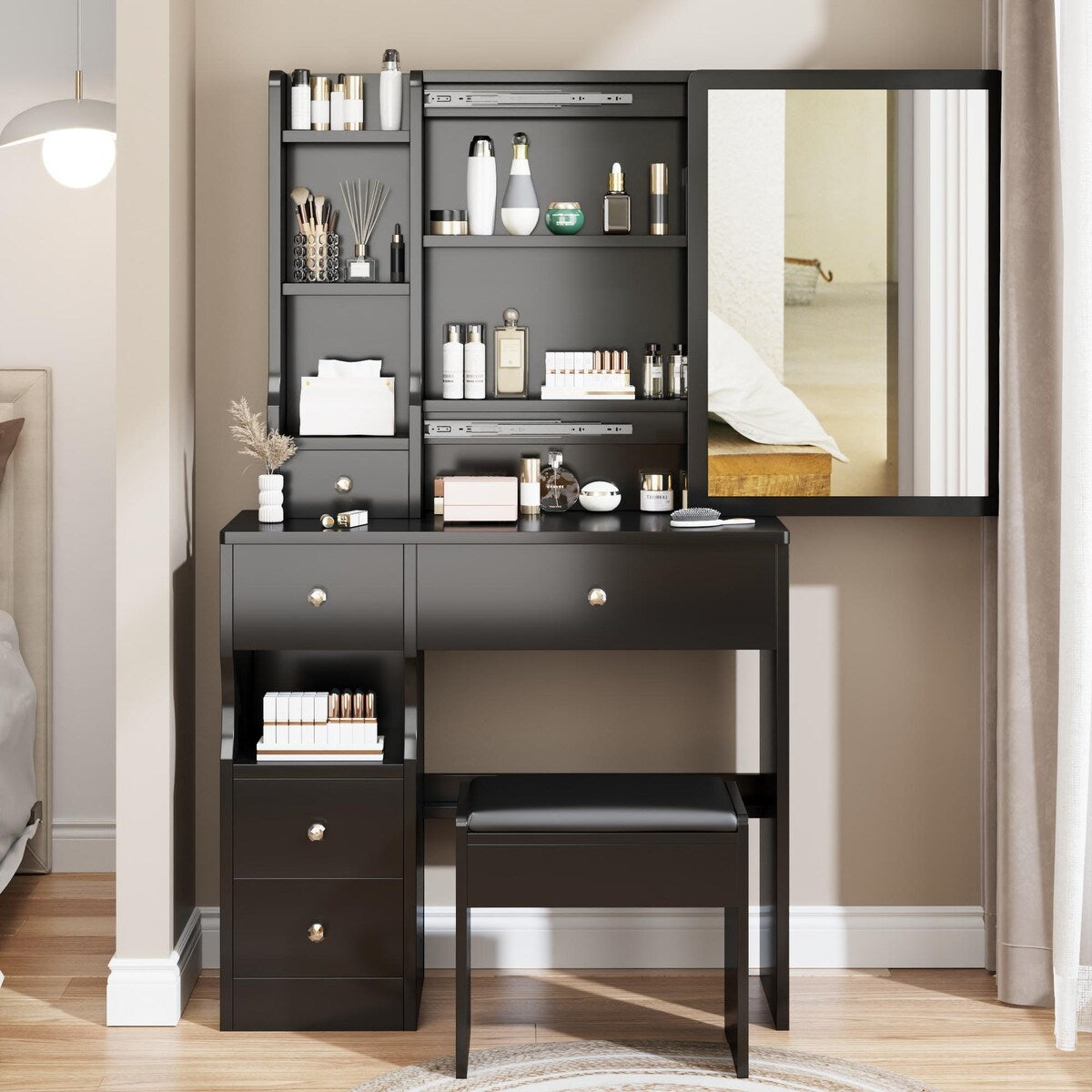 Small Space Left Drawer Desktop Vanity Table + Cushioned Stool, Extra Large Right sliding mirror