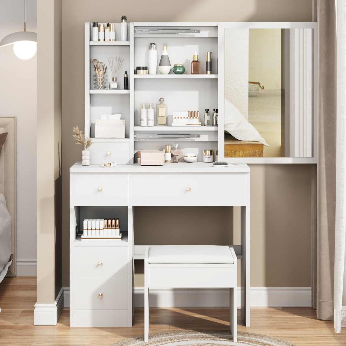 Small Space Left Drawer Desktop Vanity Table + Cushioned Stool, Extra Large Right sliding mirror