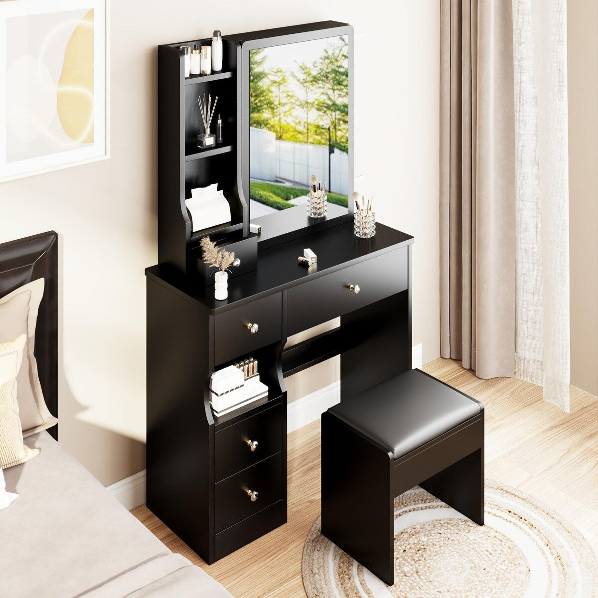 Small Space Left Drawer Desktop Vanity Table + Cushioned Stool, Extra Large Right sliding mirror