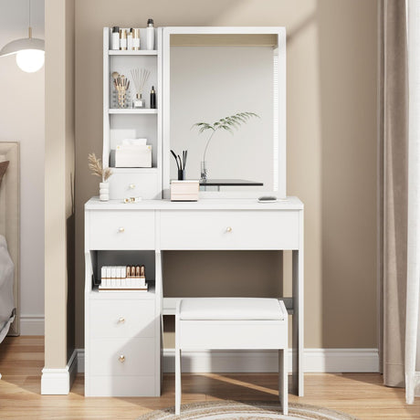 Small Space Left Drawer Desktop Vanity Table + Cushioned Stool, Extra Large Right sliding mirror