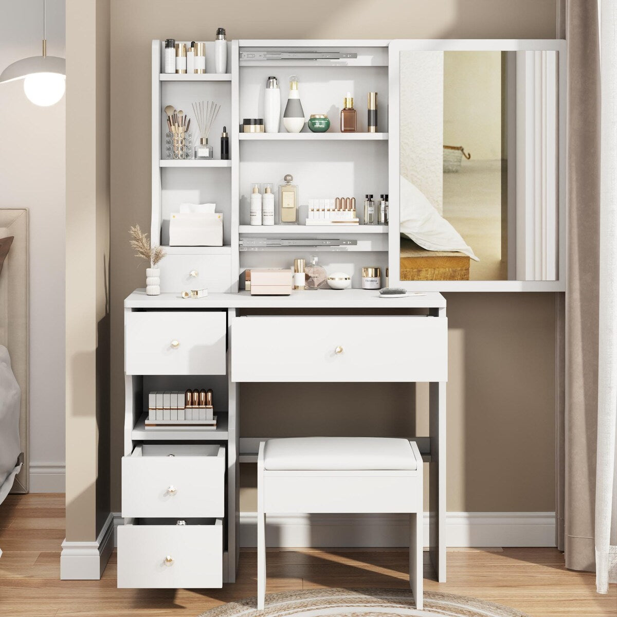 Small Space Left Drawer Desktop Vanity Table + Cushioned Stool, Extra Large Right sliding mirror