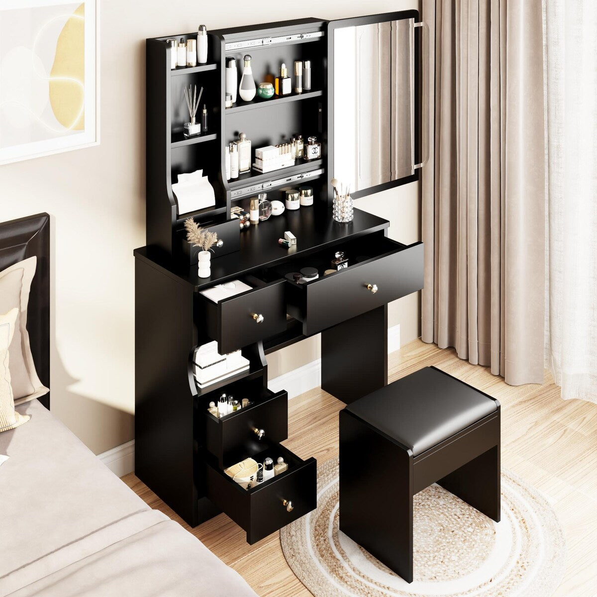 Small Space Left Drawer Desktop Vanity Table + Cushioned Stool, Extra Large Right sliding mirror