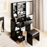 Small Space Left Drawer Desktop Vanity Table + Cushioned Stool, Extra Large Right sliding mirror