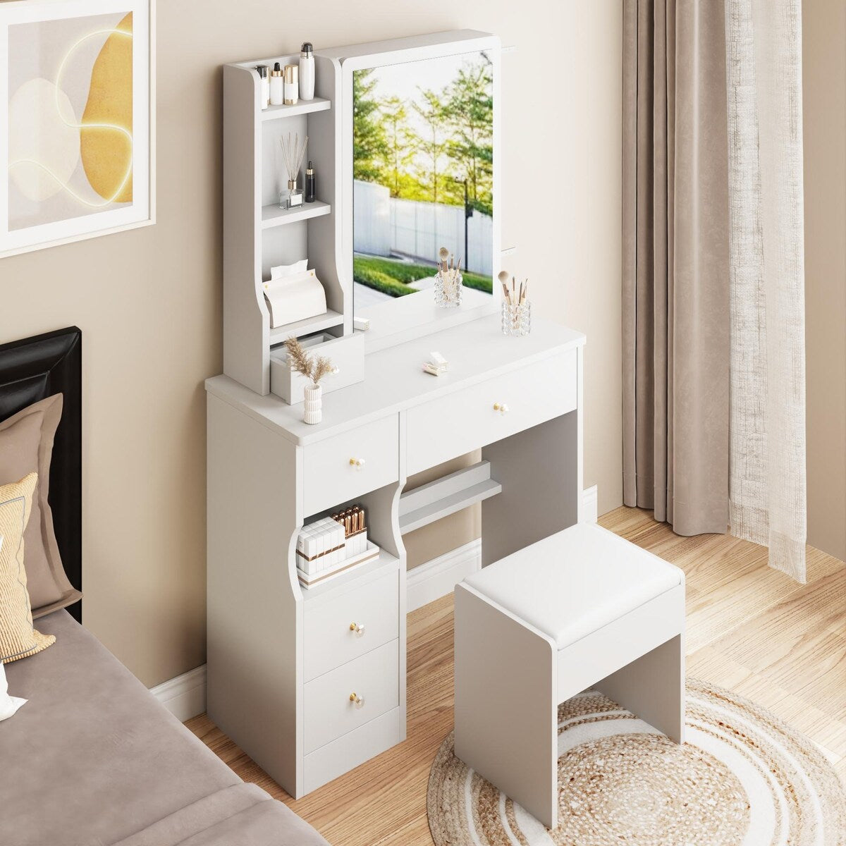 Small Space Left Drawer Desktop Vanity Table + Cushioned Stool, Extra Large Right sliding mirror