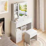 Small Space Left Drawer Desktop Vanity Table + Cushioned Stool, Extra Large Right sliding mirror