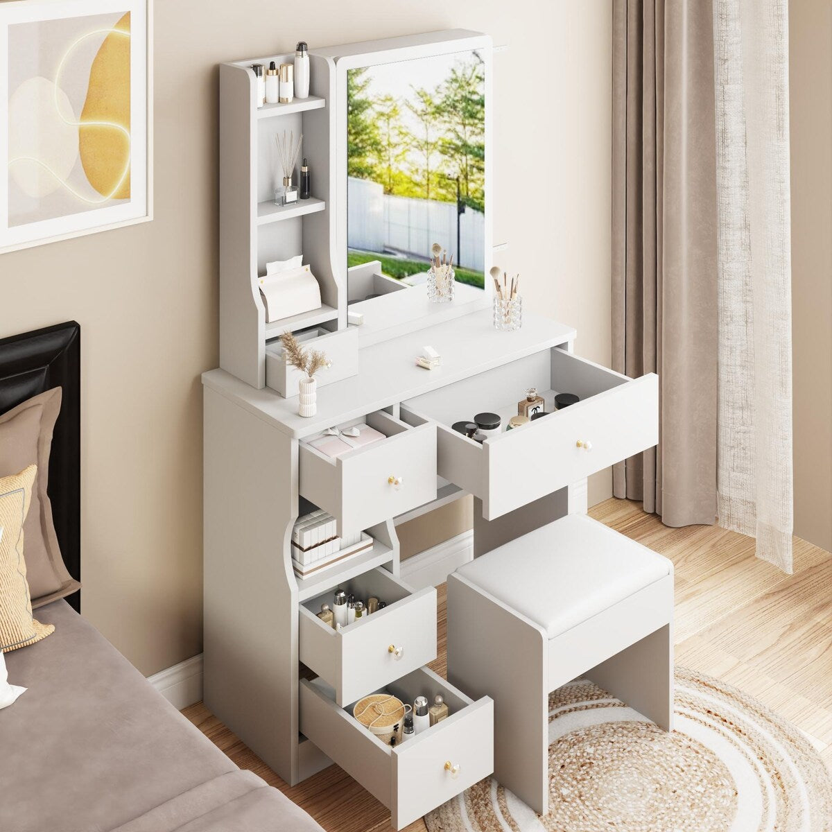 Small Space Left Drawer Desktop Vanity Table + Cushioned Stool, Extra Large Right sliding mirror