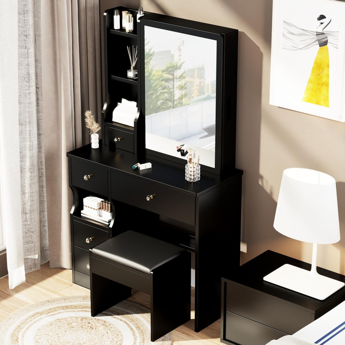 Small Space Left Drawer Desktop Vanity Table + Cushioned Stool, Extra Large Right sliding mirror