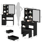 Small Space Left Drawer Desktop Vanity Table + Cushioned Stool, Extra Large Right sliding mirror