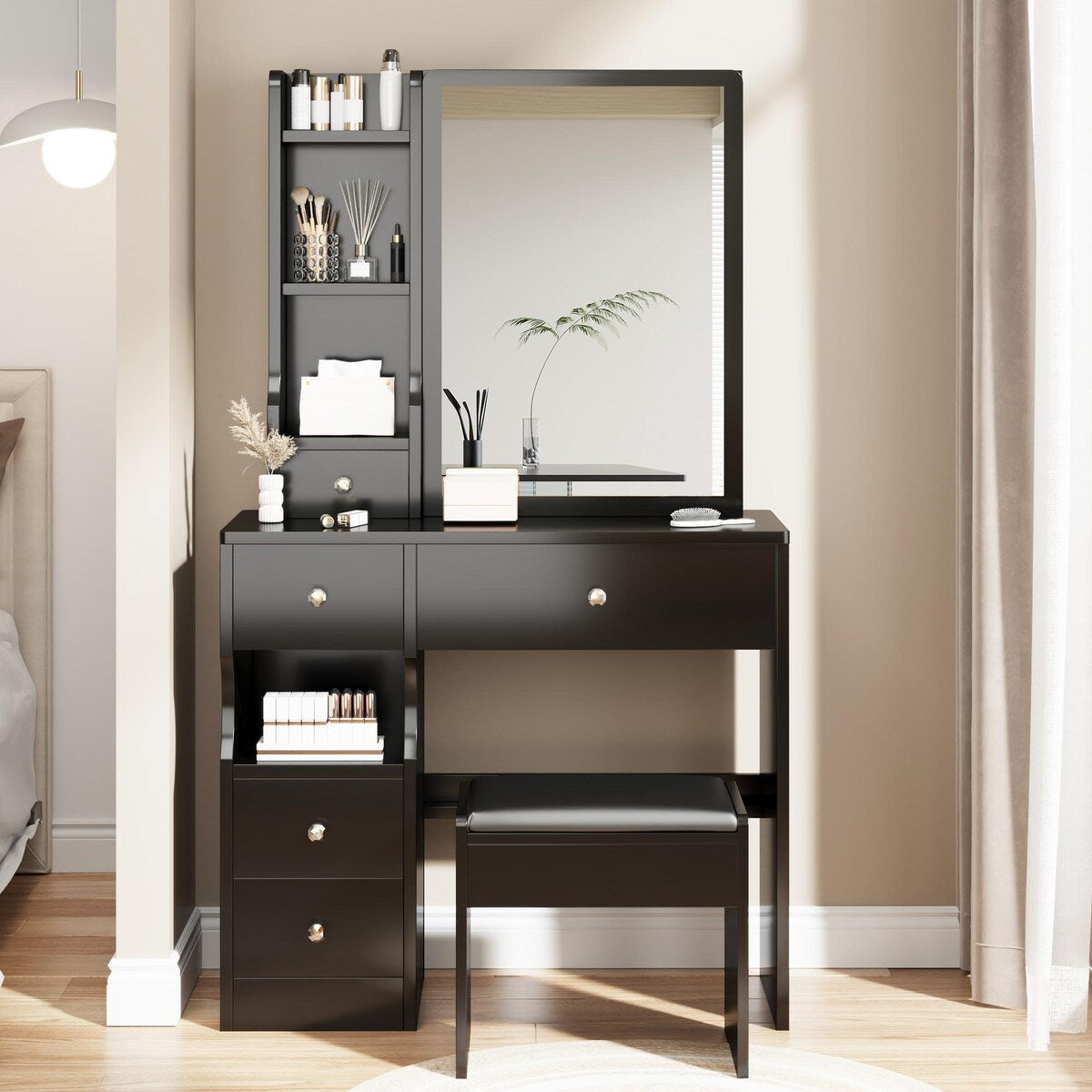 Small Space Left Drawer Desktop Vanity Table + Cushioned Stool, Extra Large Right sliding mirror
