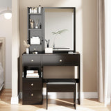 Small Space Left Drawer Desktop Vanity Table + Cushioned Stool, Extra Large Right sliding mirror
