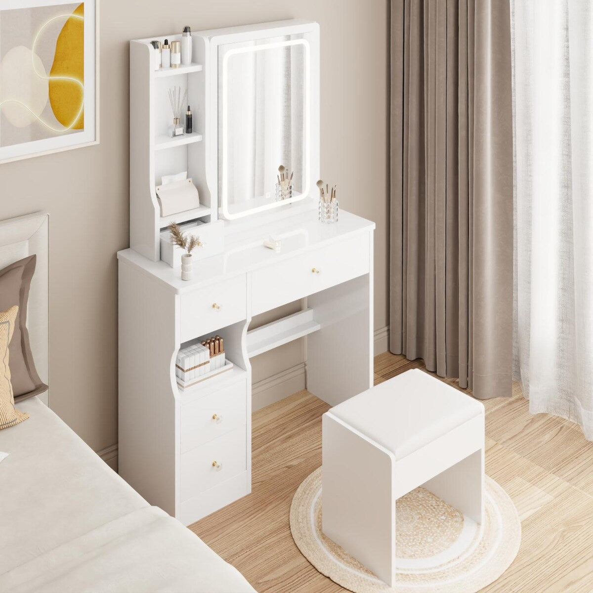 Small Space Left Drawer Desktop Vanity Table + Cushioned Stool, Extra Large Touch Control Sliding LED Mirror