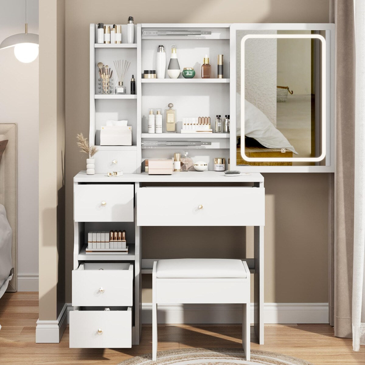 Small Space Left Drawer Desktop Vanity Table + Cushioned Stool, Extra Large Touch Control Sliding LED Mirror