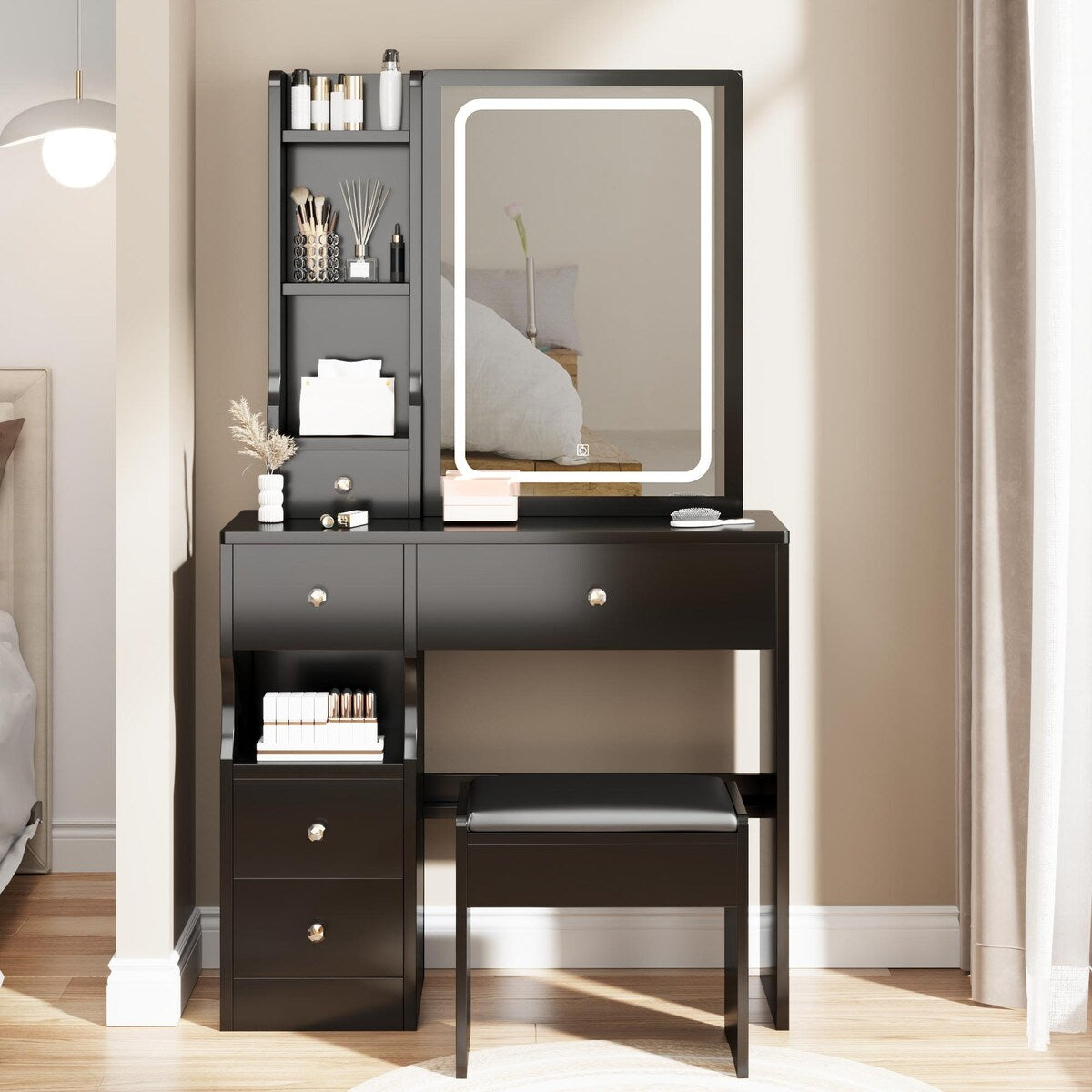 Small Space Left Drawer Desktop Vanity Table + Cushioned Stool, Extra Large Touch Control Sliding LED Mirror