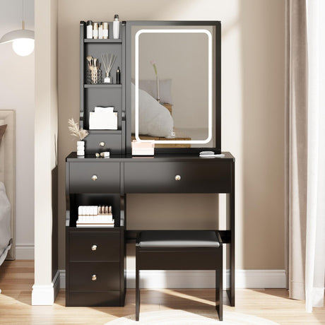 Small Space Left Drawer Desktop Vanity Table + Cushioned Stool, Extra Large Touch Control Sliding LED Mirror