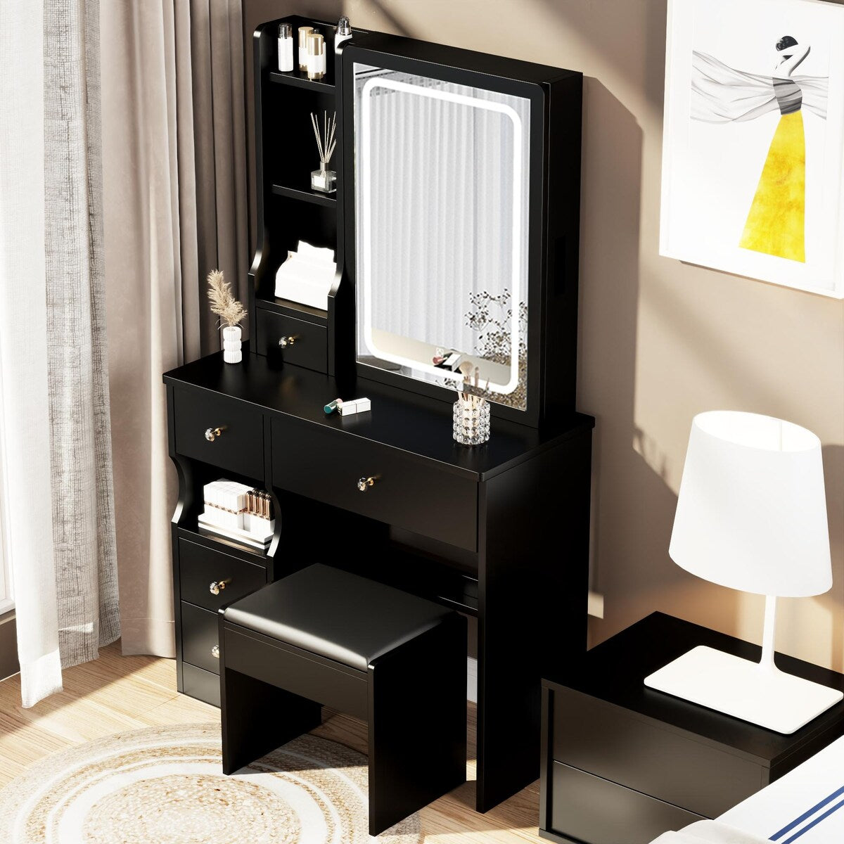 Small Space Left Drawer Desktop Vanity Table + Cushioned Stool, Extra Large Touch Control Sliding LED Mirror