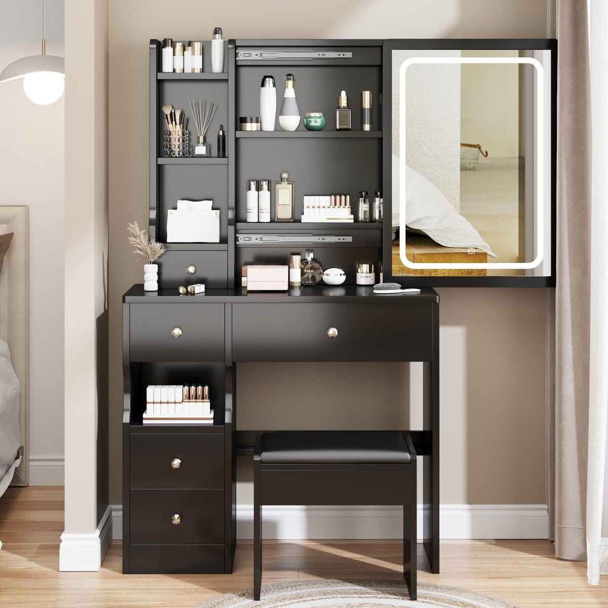 Small Space Left Drawer Desktop Vanity Table + Cushioned Stool, Extra Large Touch Control Sliding LED Mirror